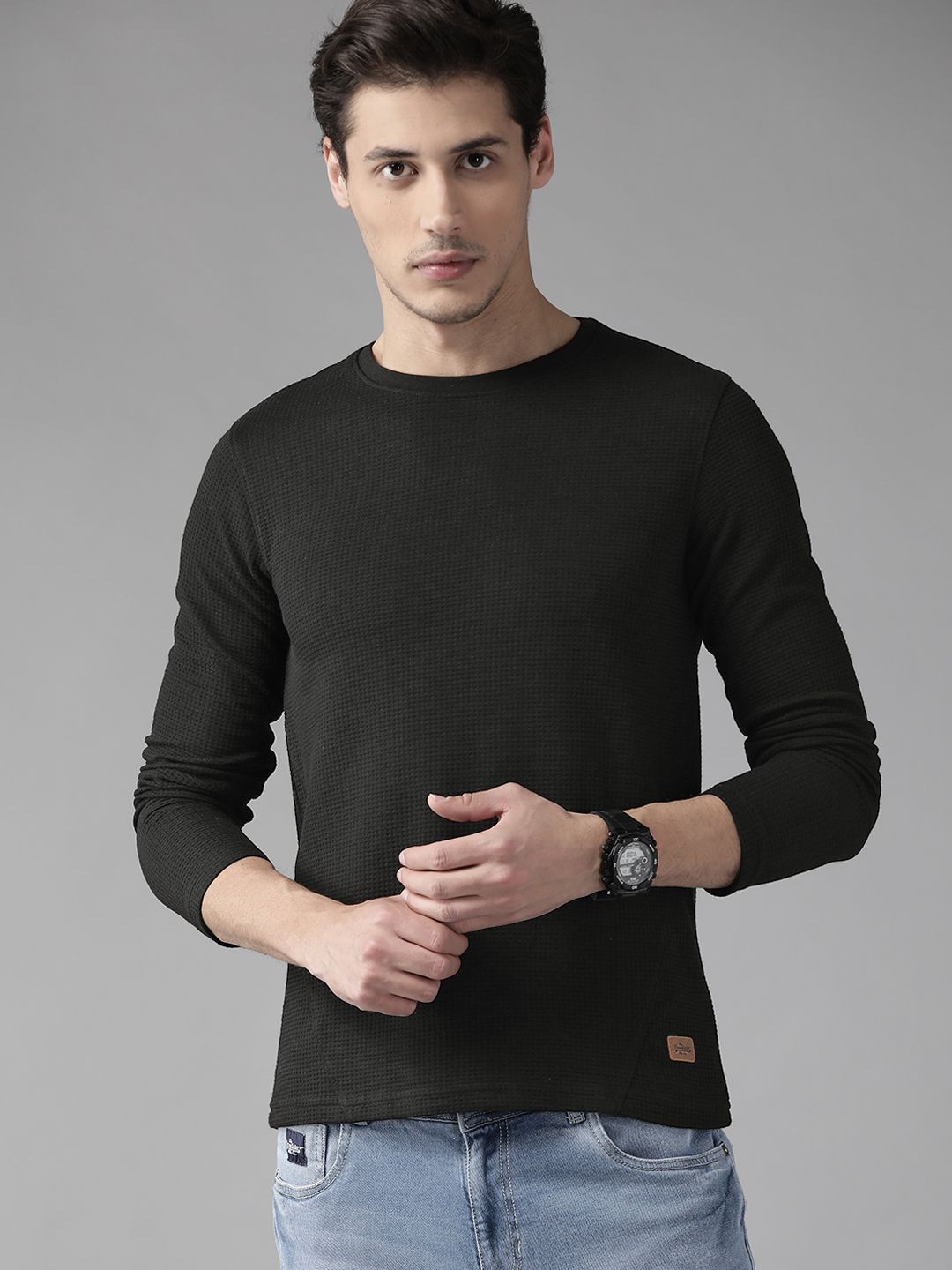 The Roadster Lifestyle Co Men Black Waffle Texture T-shirt