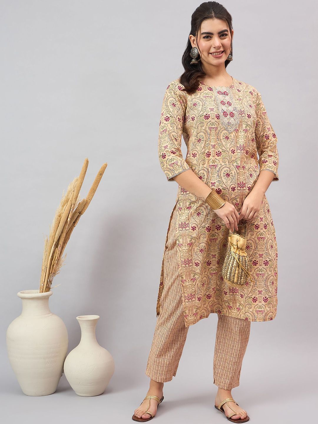 Anouk Khaki Ethnic Motifs Printed Round Neck Pure Cotton Kurta With Trouser