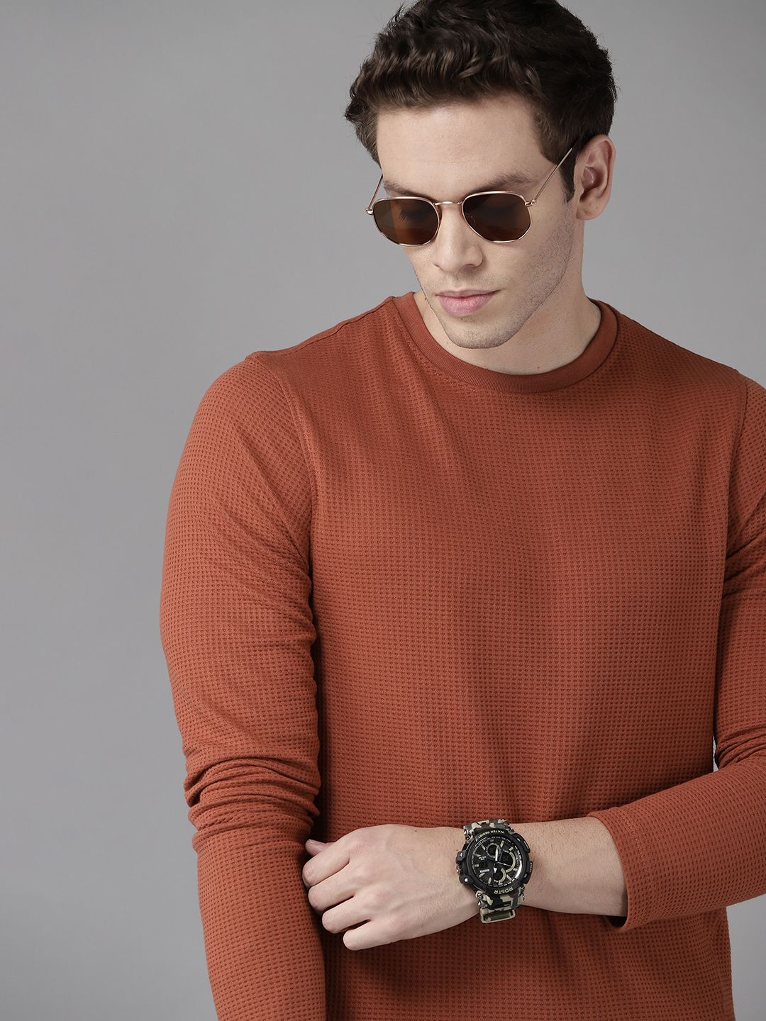 Roadster Men Rust Orange Checked Waffle Weave T-shirt