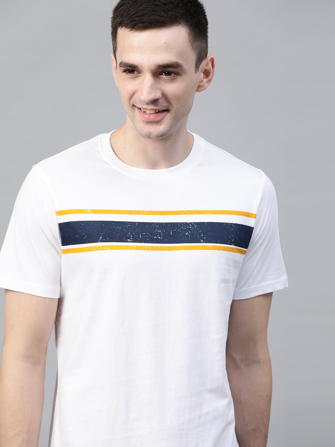 Mast & Harbour Men White Striped Detail Round Neck T-shirt