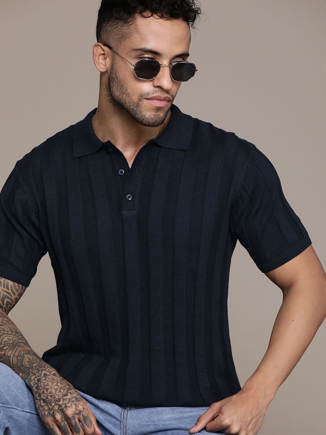 The Roadster Lifestyle Co. Ribbed Pure Cotton Polo Collar T-shirt