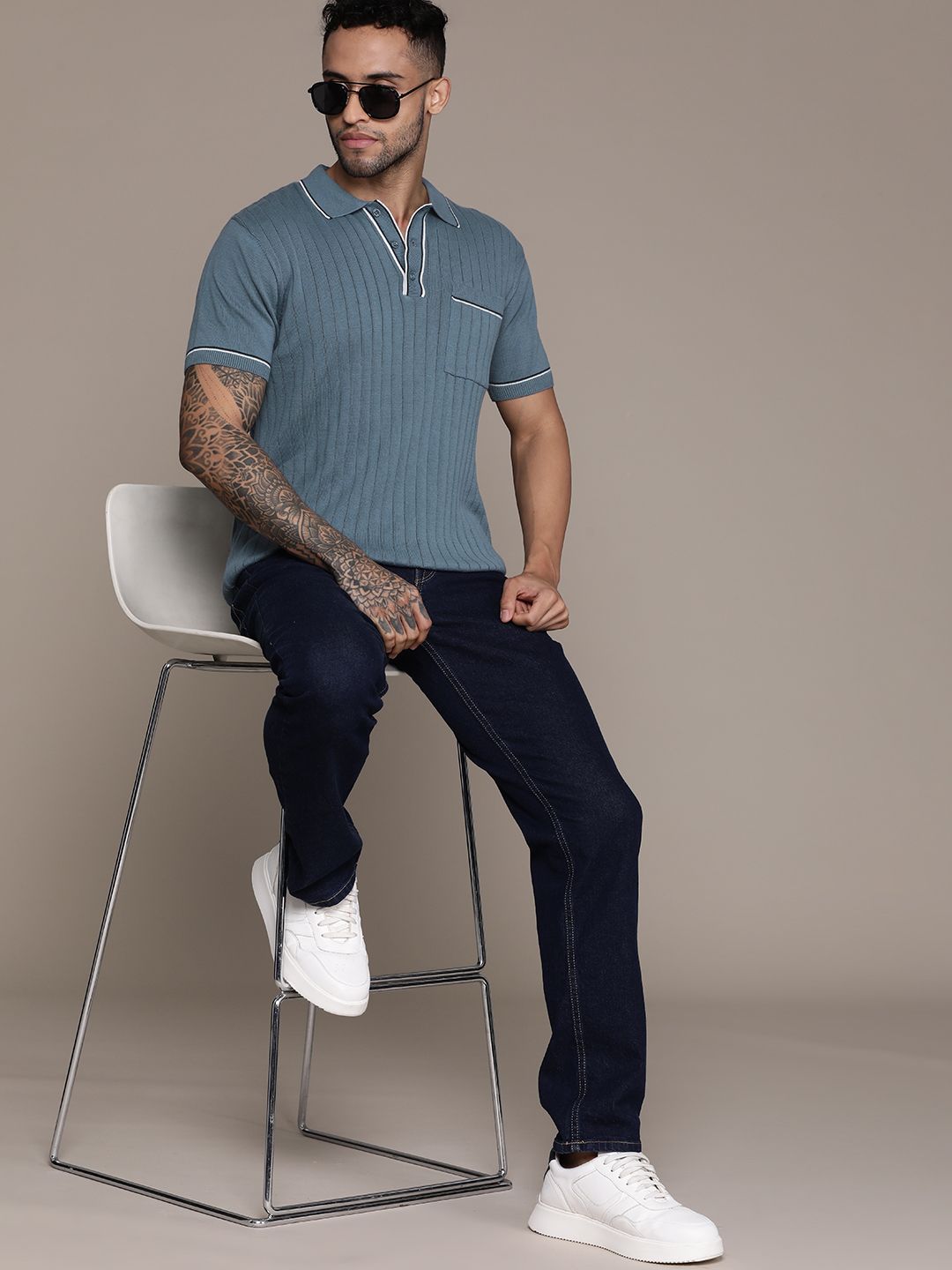 The Roadster Lifestyle Co. Ribbed Pure Cotton Polo Collar T-shirt