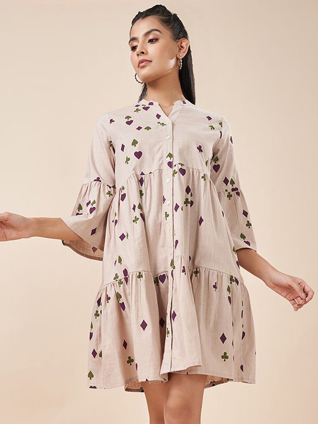 AKKRITI BY PANTALOONS Printed Mandarin Collar Bell Sleeves Tiered Shirt Dress