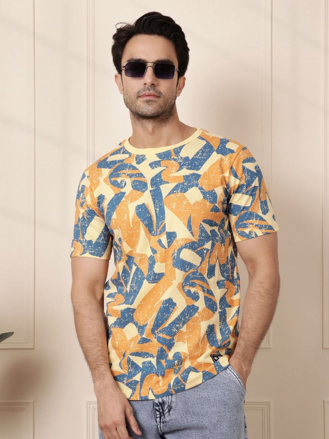 WROGN Men Abstract Printed Round Neck Cotton Slim Fit T-shirt