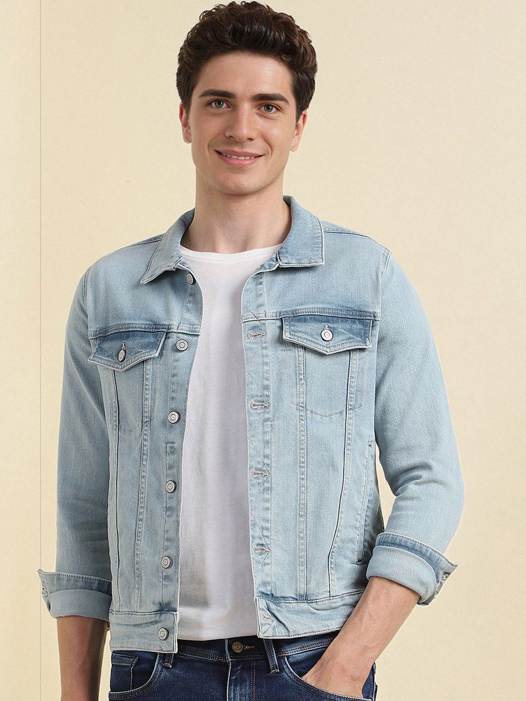 Allen Solly Men Spread Collar Washed Solid Cotton Casual Denim Jacket