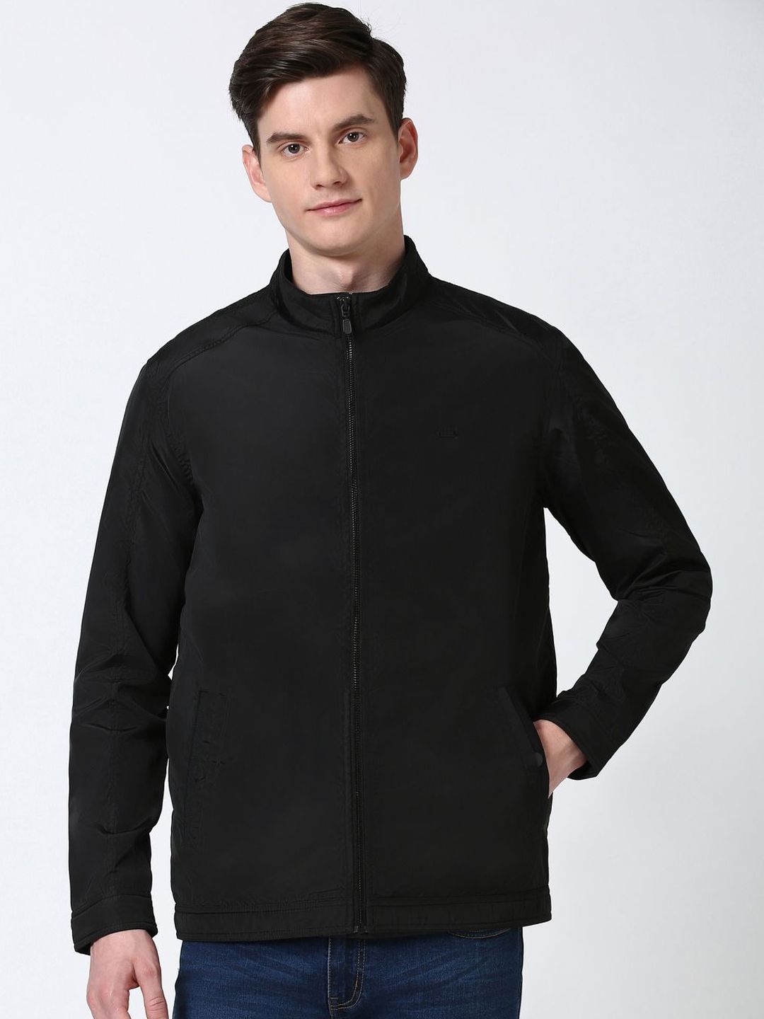 Peter England Casuals Men Mock Collar Solid Casual Bomber Jacket