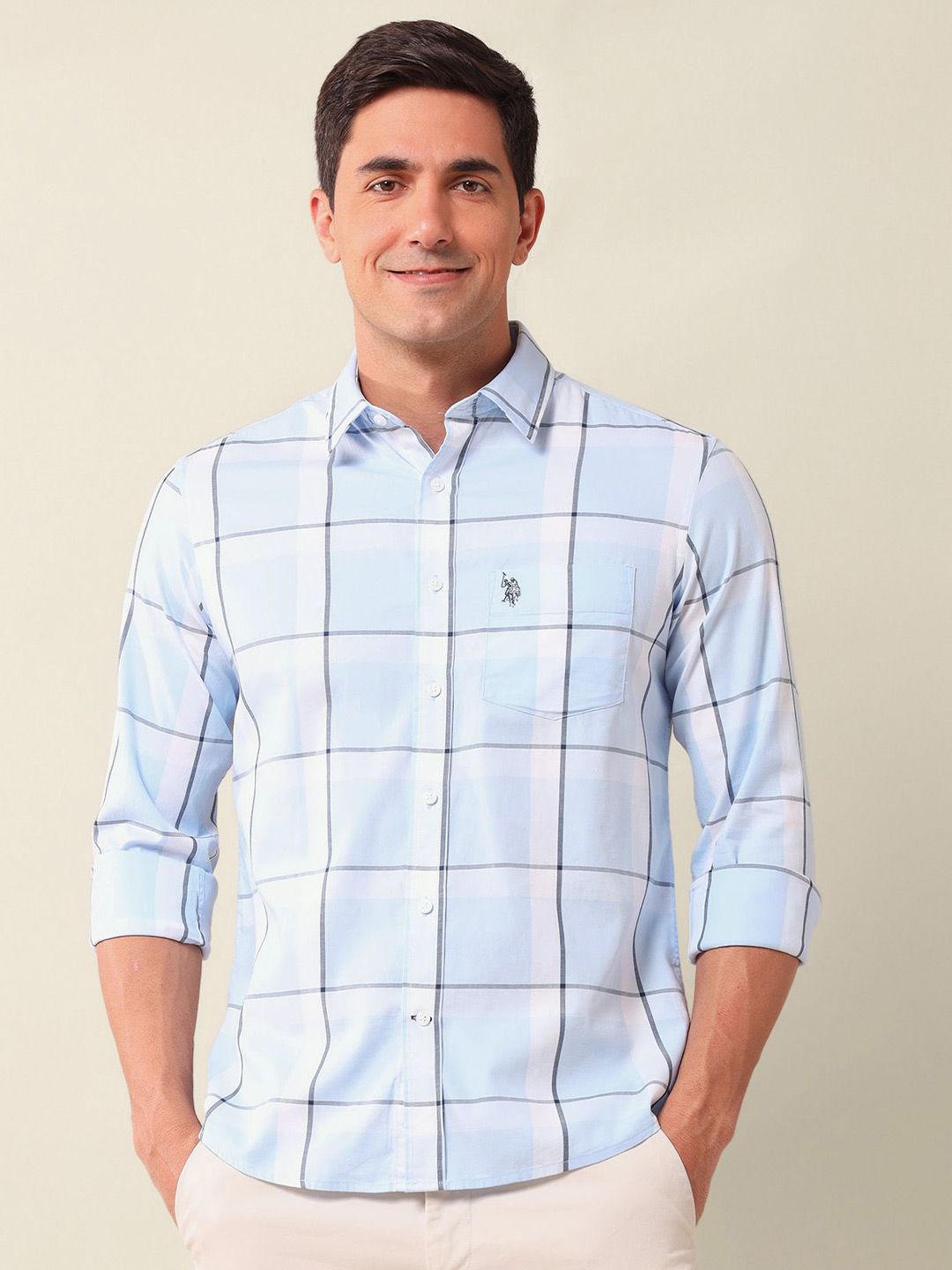 Men Checked Cotton Shirt U.S. Polo Assn. Men Classic Fit Spread Collar Checked Cotton Casual Shirt