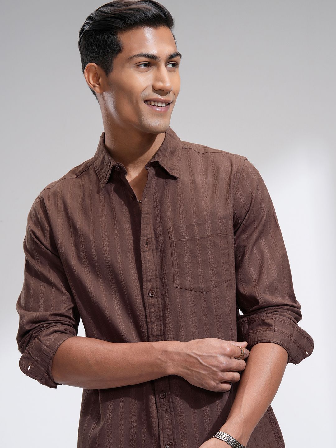 HIGHLANDER Men Dobby Textured Striped Casual Shirt