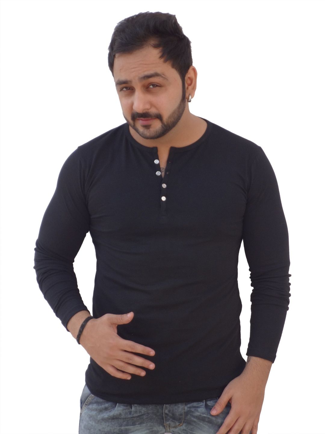 Black Collection Men Solid Henley Neck Cotton Slim Fit T-shirt