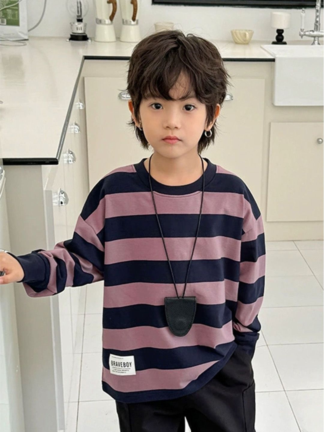 LULU & SKY Boys Striped Round Neck Cotton Relaxed Fit T-shirt