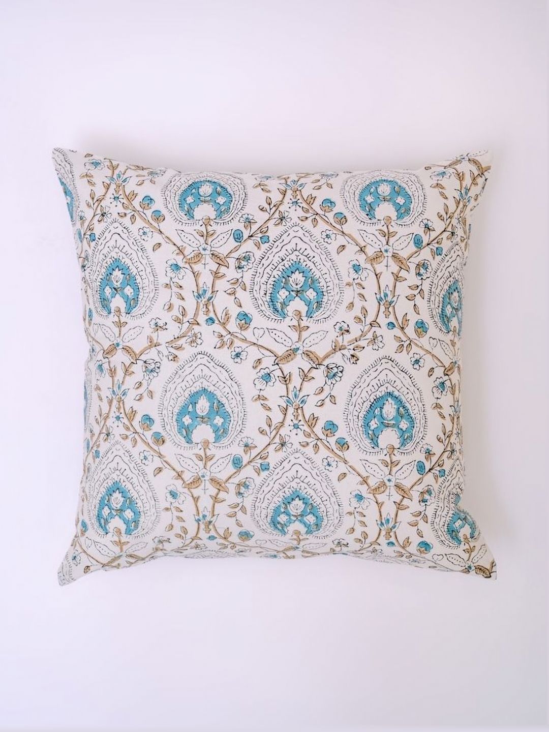 Block N Style White & Blue Floral Printed Cotton Square Cushion Cover