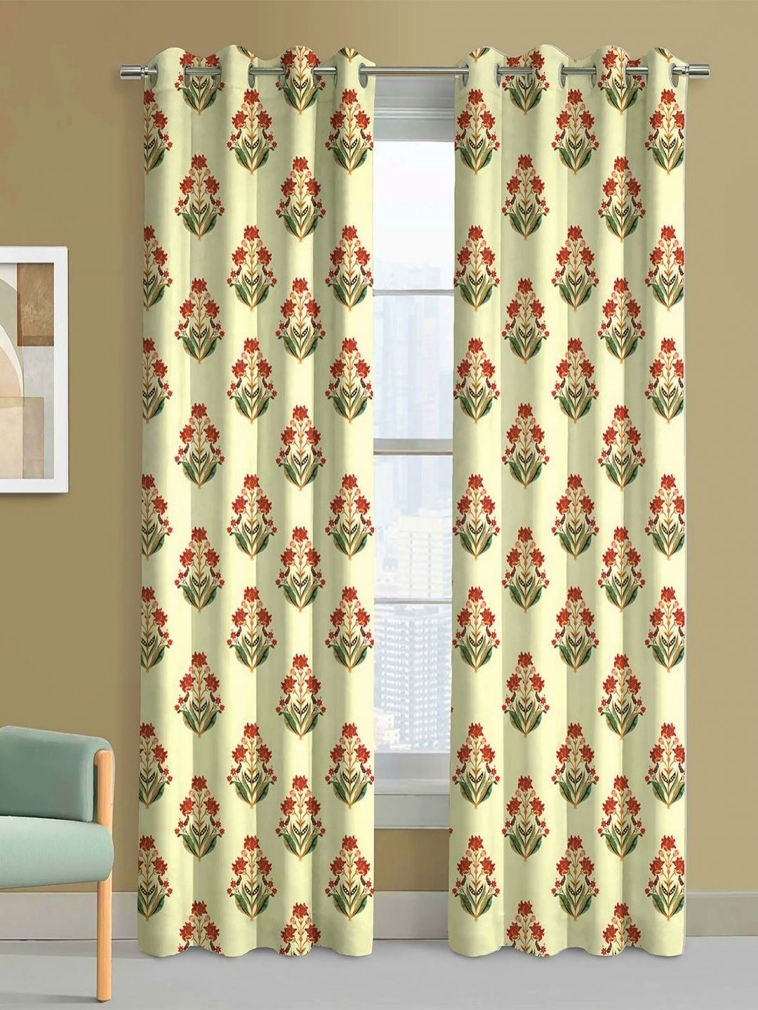 Steve & Anderson Steve & Anderson Bharat Motifs Olive And Rust 2 Peices Printed Long Door Curtains (9Feet)