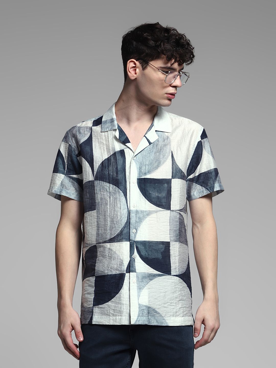 Men Printed Casual Shirt Jack & Jones Men Cuban Collar Geometric Printed Casual Shirt