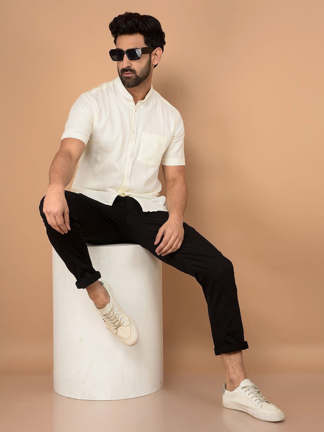 Crimsoune Club Men Classic Slim Fit Band Collar Solid Cotton Casual Shirt