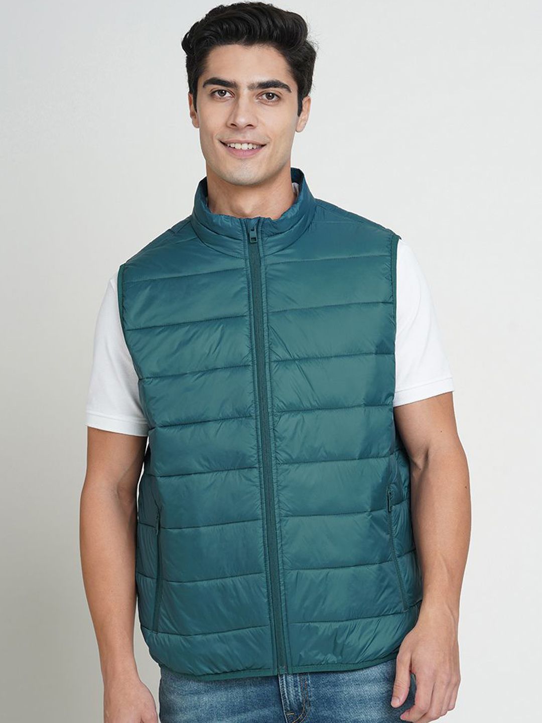 Jack & Jones Men Mock Collar Solid Casual Puffer Jacket