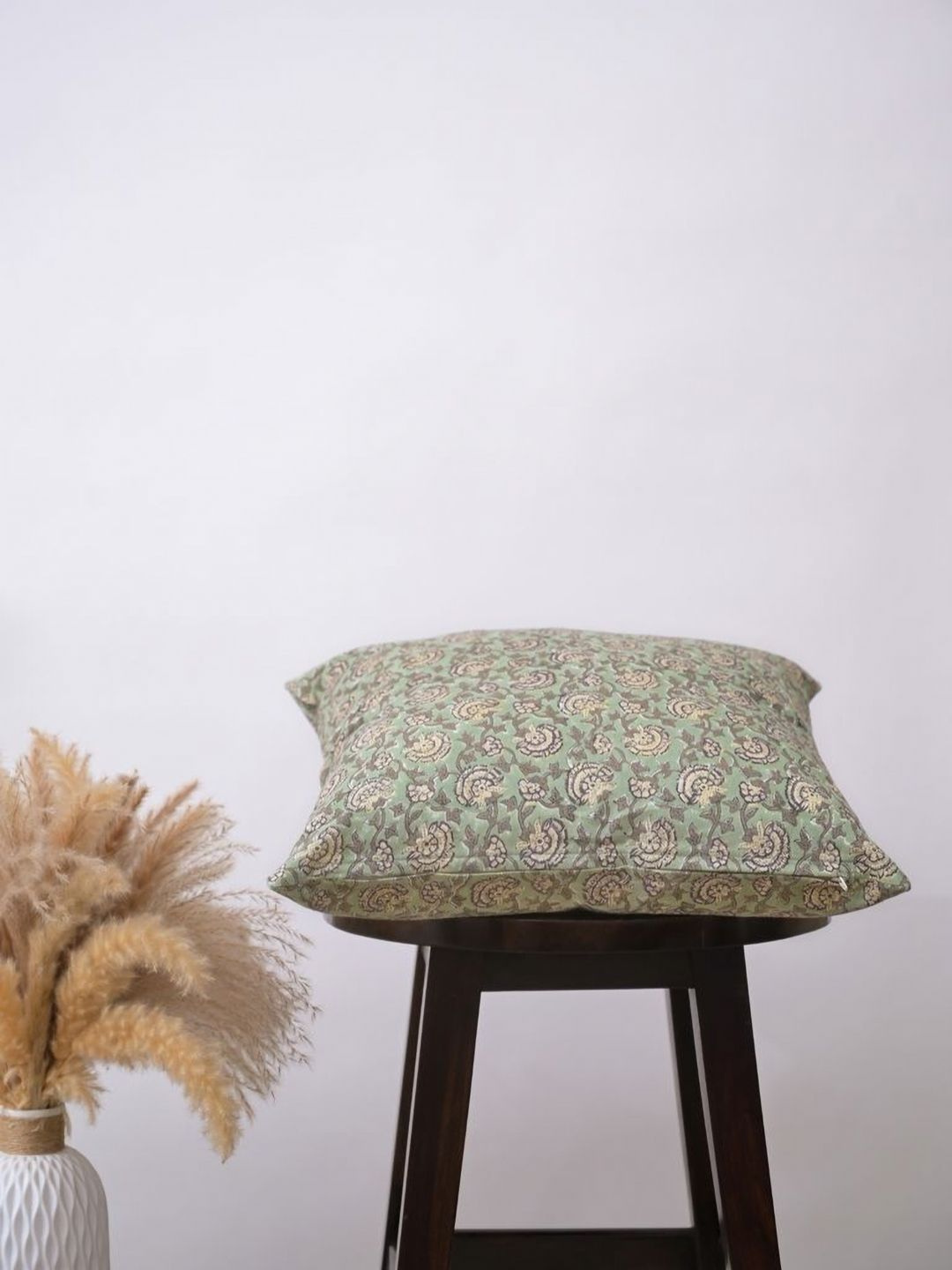 Block N Style Acantha Green & Beige Floral Printed Cotton Square Cushion Cover