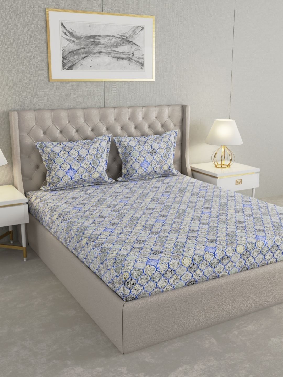 Raymond Home Raymond Home Insignia Blue & Grey Printed Microfiber Queen Bedsheet Set- 2.50 m x 2.25 m