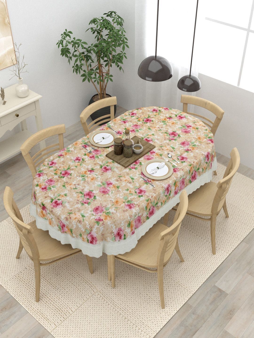 Clasiko Clasiko Beige & Green 6 Seater Floral Printed Anti-Slip Oval Shaped Table Cover