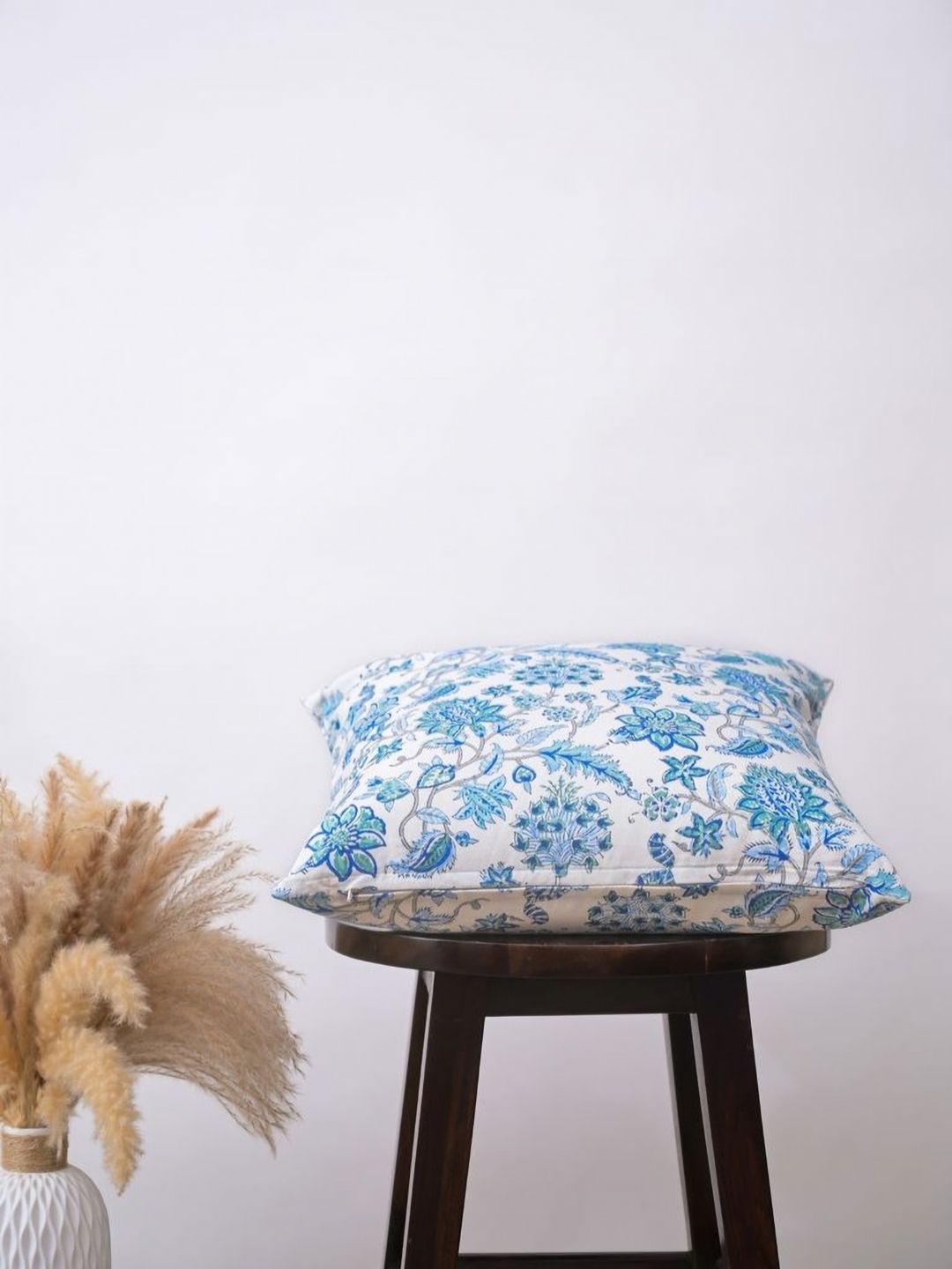 Block N Style Cadmus Blue & White Floral Printed Cotton Square Cushion Cover