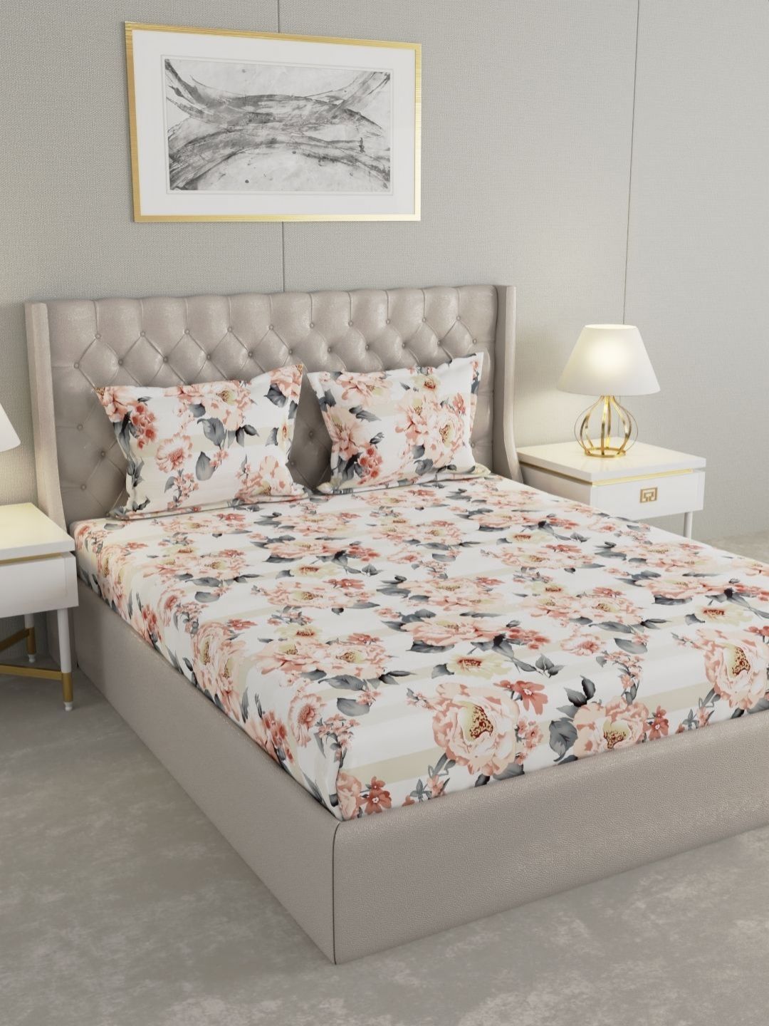 Raymond Home Raymond Home Insignia White & Pink Floral Printed Queen Bedsheet Set- 2.50 m x 2.25 m
