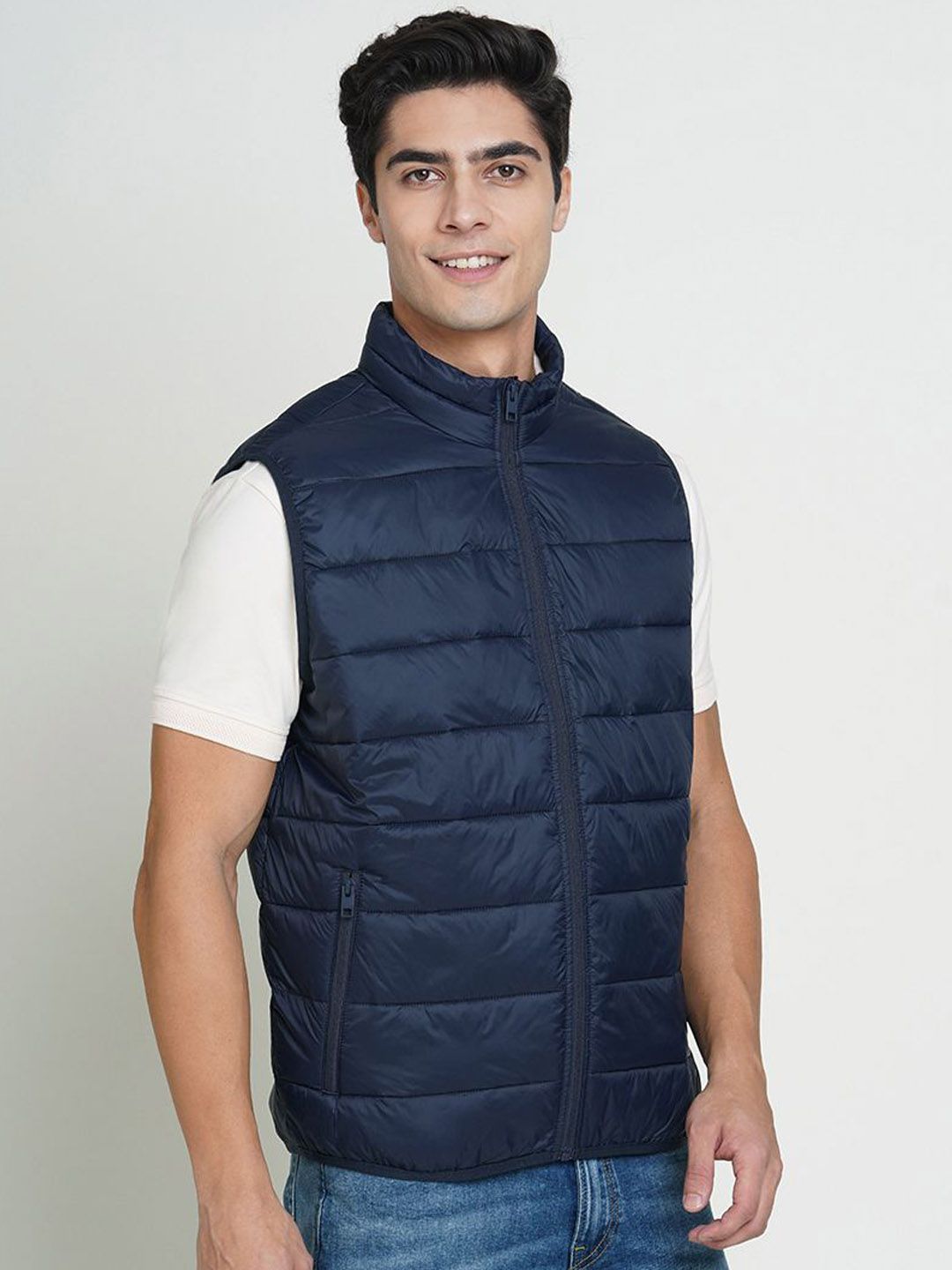 Jack & Jones Men Mock Collar Solid Casual Puffer Jacket