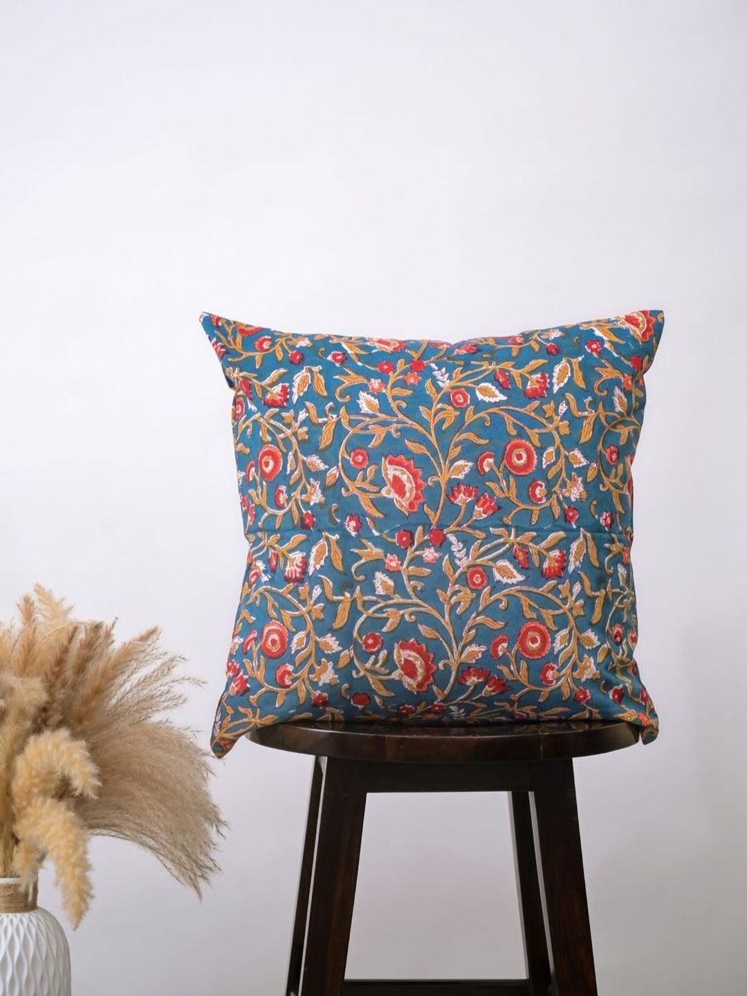 Block N Style Ehecatl Blue & Red Floral Printed Square Cotton Cushion Covers