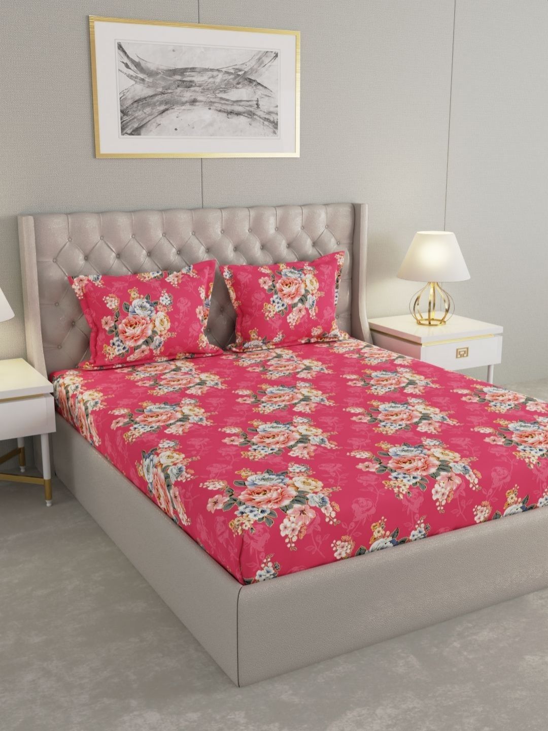 Raymond Home Raymond Home Insignia Red & Yellow Printed Microfiber Queen Bedsheet Set- 2.50 m x 2.25 m