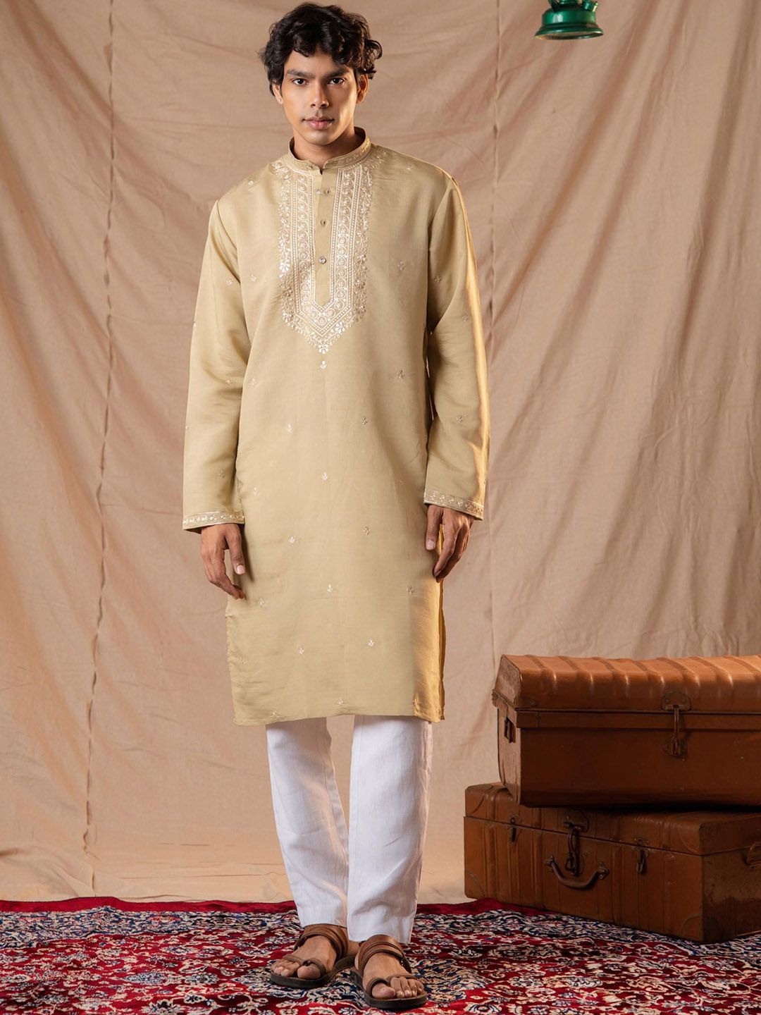 5 Stitch Ethnic Motifs Embroidered Sequinned Band Collar Straight Kurta With Pyjamas deal from myntra 5 Stitch Ethnic Motifs Embroidered Sequinned Band Collar Straight Kurta With Pyjamas deal from myntra