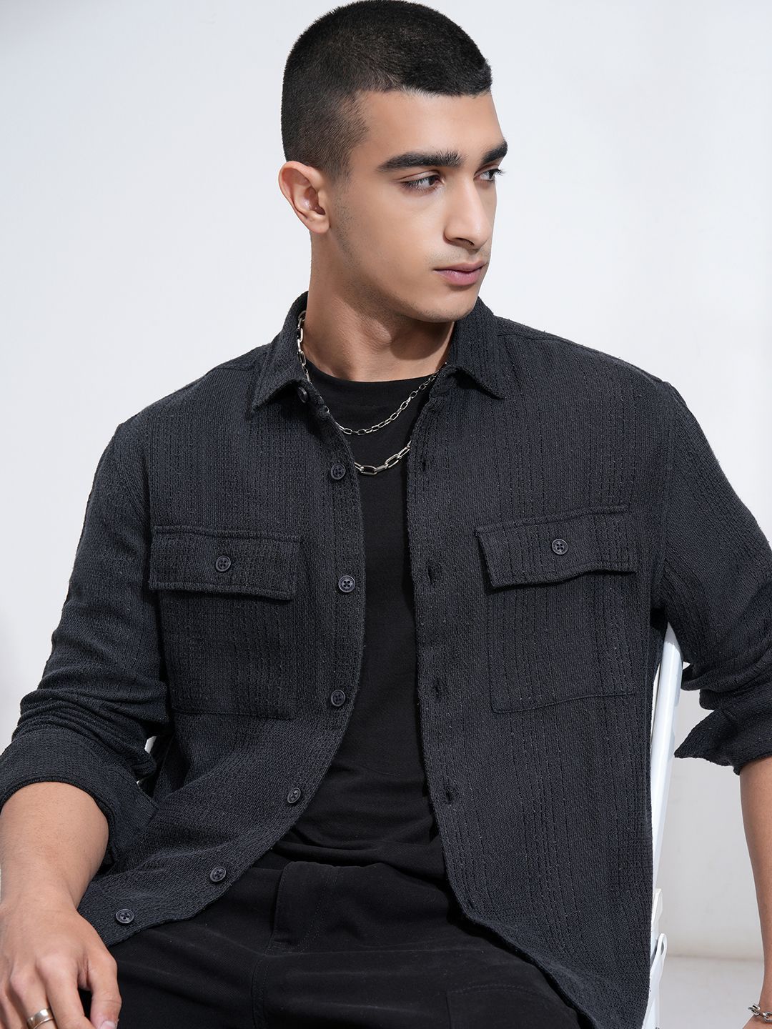 HIGHLANDER Men Dobby Textured Chinelle Yarn Striped Relaxed Overshirt