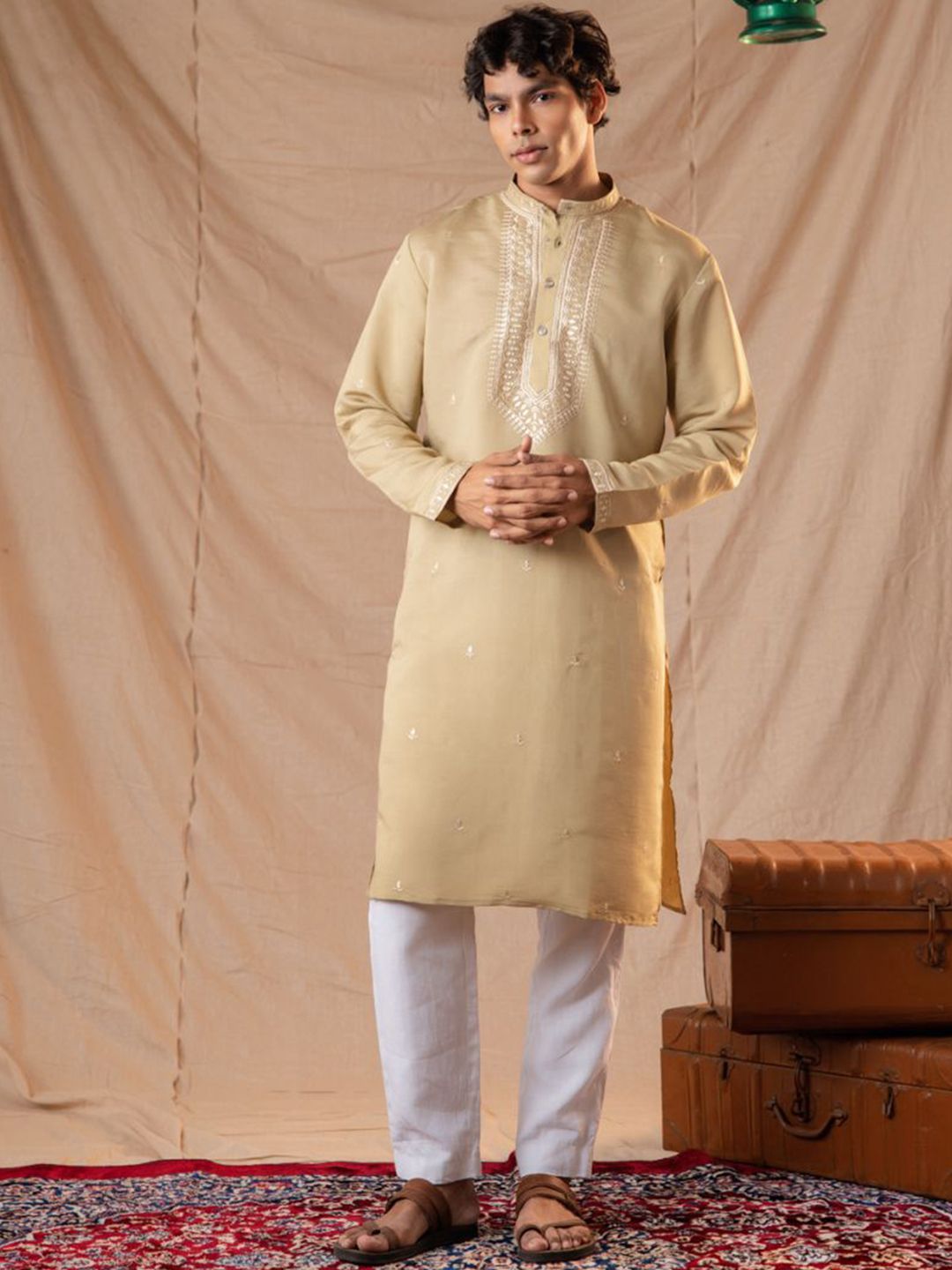 5 Stitch Ethnic Motifs Embroidered Sequinned Band Collar Straight Kurta With Pyjamas deal from myntra 5 Stitch Ethnic Motifs Embroidered Sequinned Band Collar Straight Kurta With Pyjamas deal from myntra