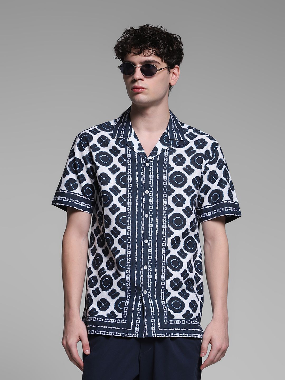 Men Printed Cotton Shirt Jack & Jones Men Cuban Collar Abstract Printed Cotton Casual Shirt