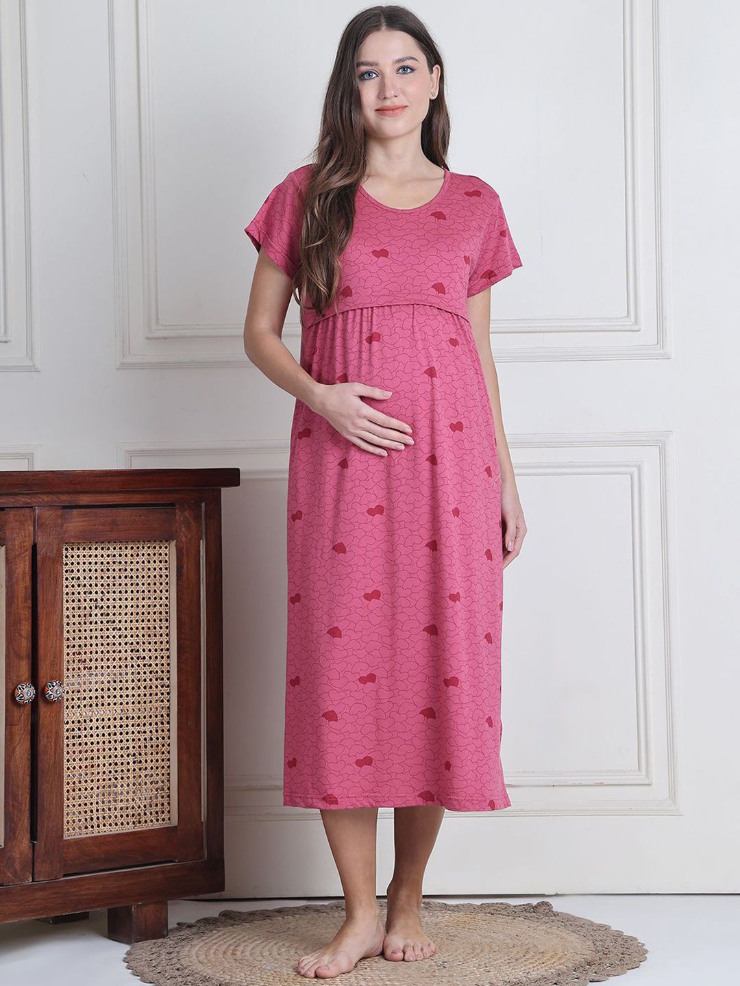 Secret Wish Women Conversational Printed Pure Cotton Maternity Midi Nighty