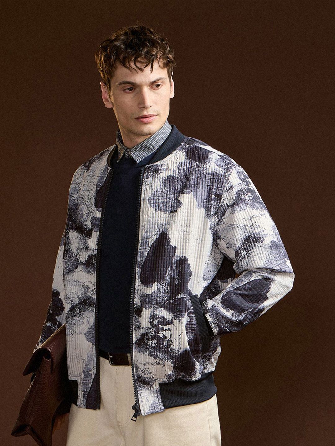 THE BEAR HOUSE Men Stand Collar Abstract Printed Casual Lightweight Bomber Jacket