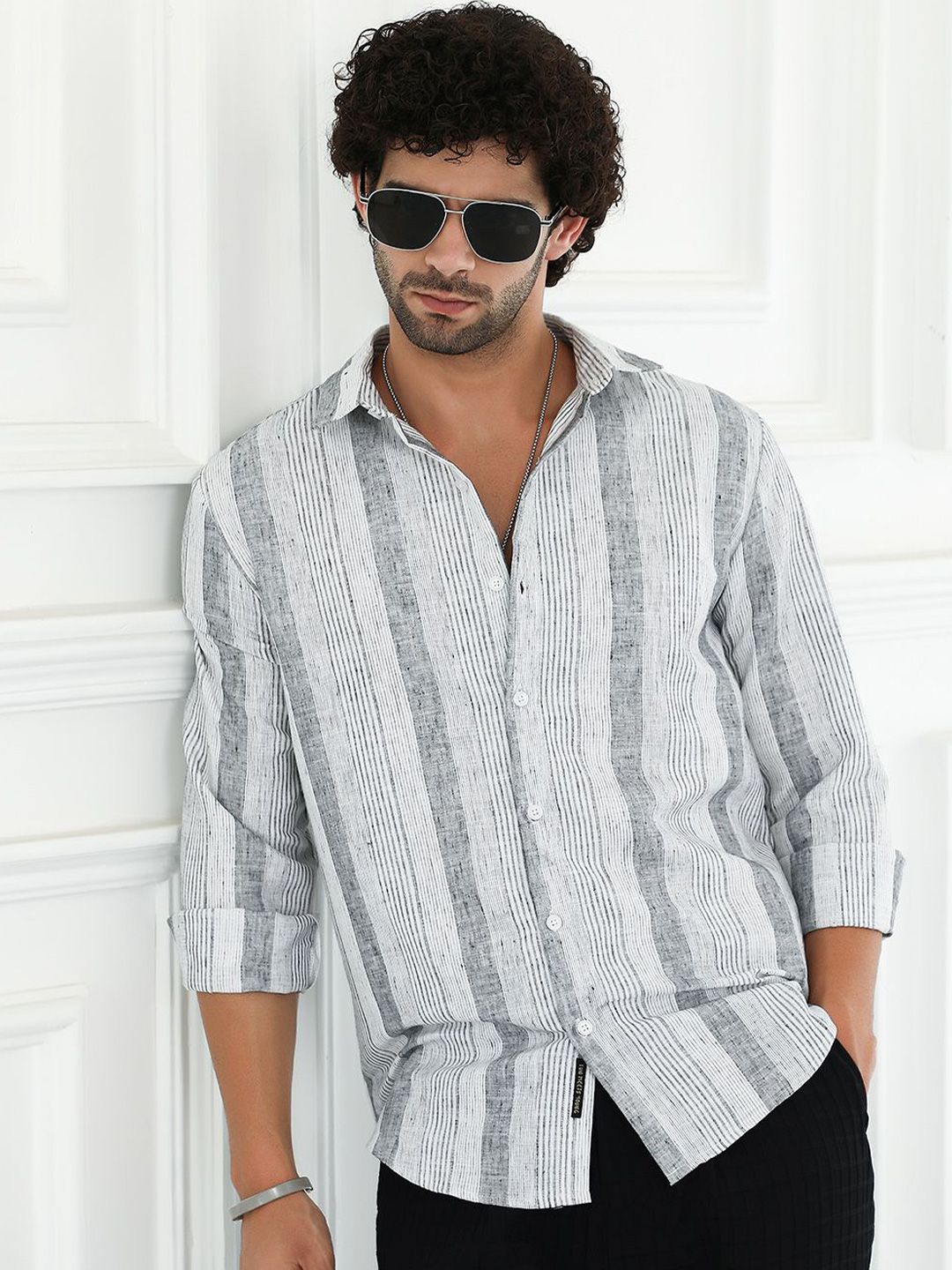 CAHOOT Men Comfort Fit Spread Collar Vertical Striped Cotton Casual Shirt