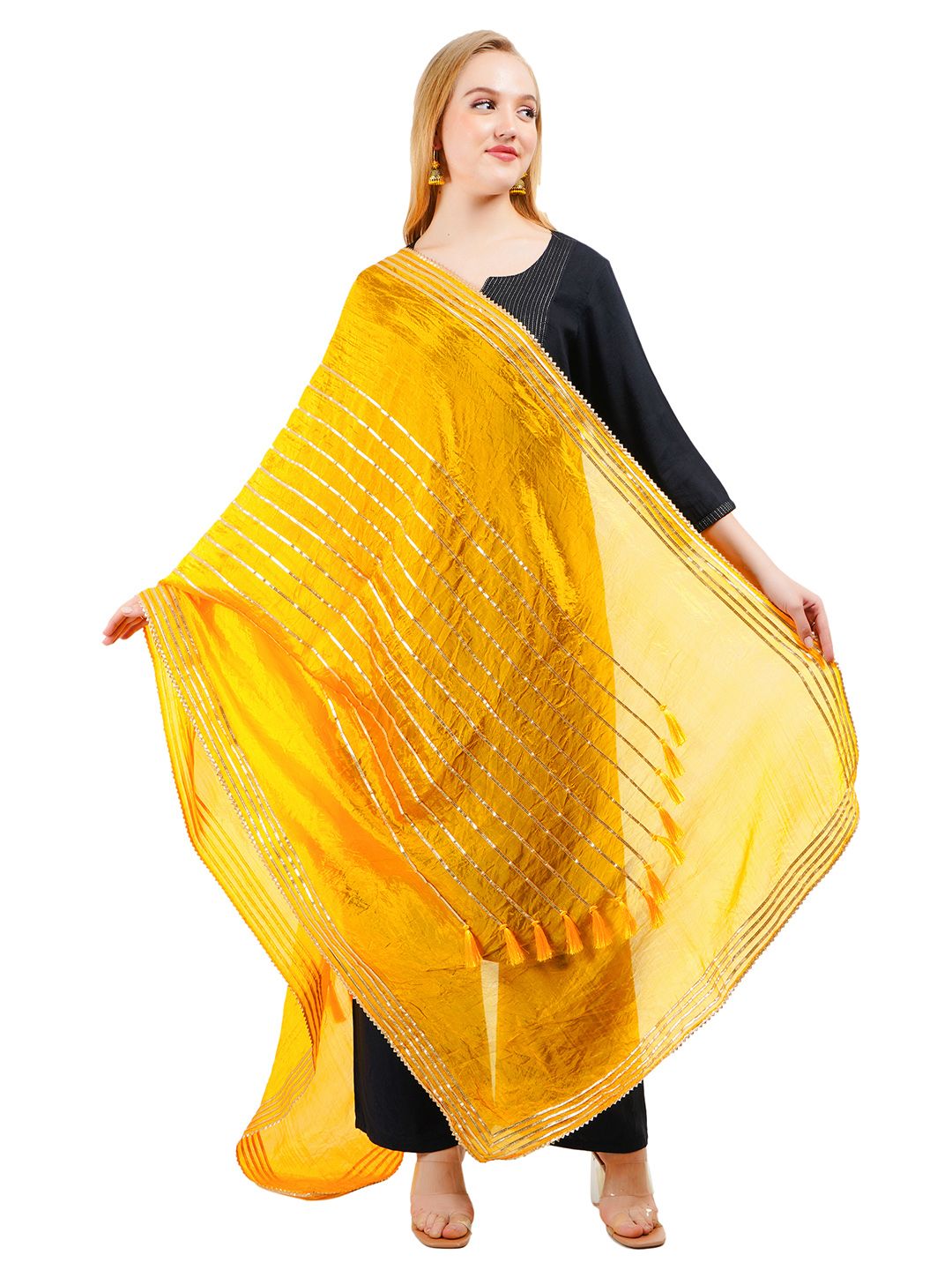 Way2Like Striped Gotta Patti Tasselled Detail Silk Wrap Shawl Scarf Hijab Dupatta