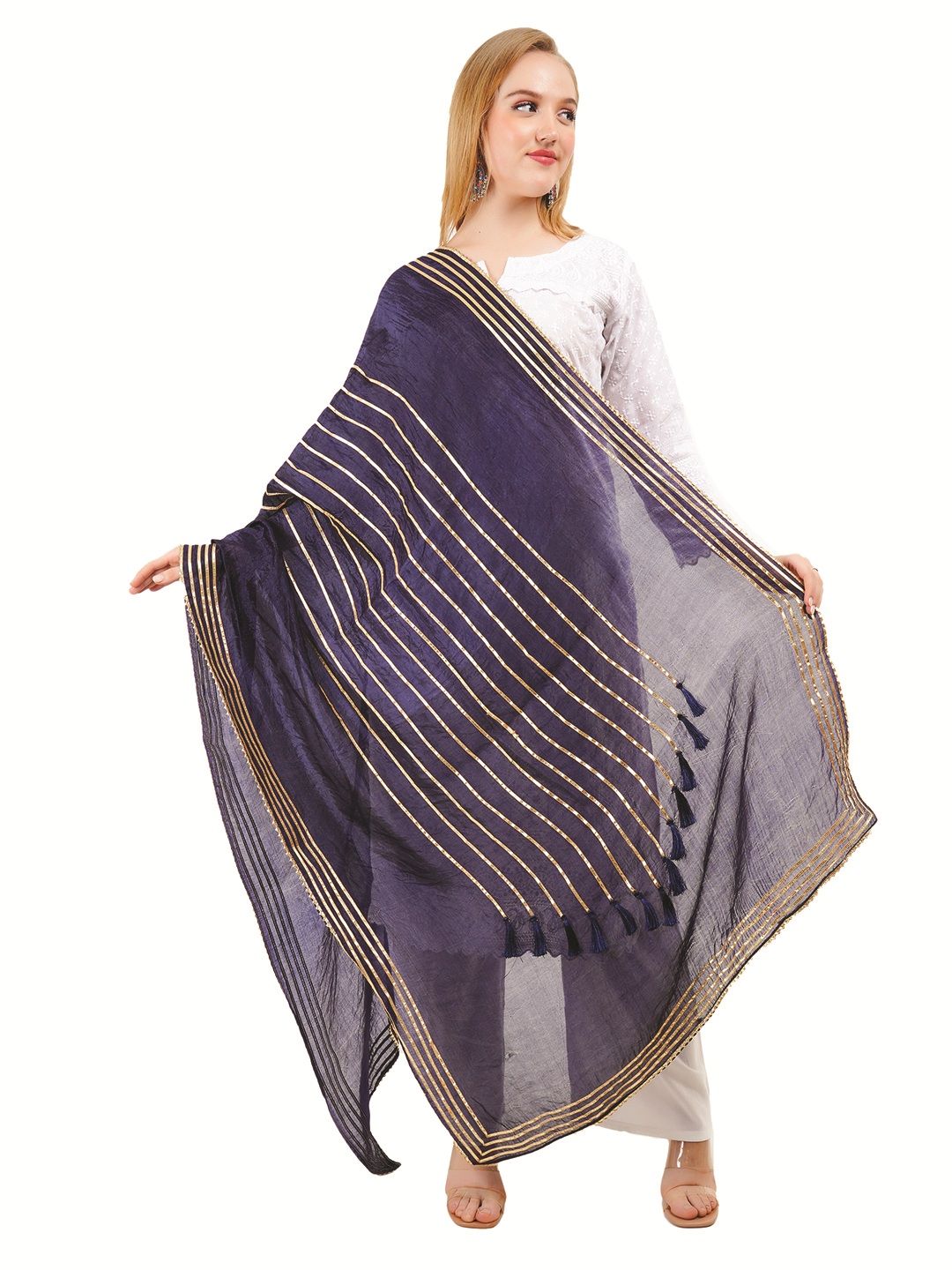 Way2Like Striped Gotta Patti Tasselled Detail Silk Wrap Shawl Scarf Hijab Dupatta