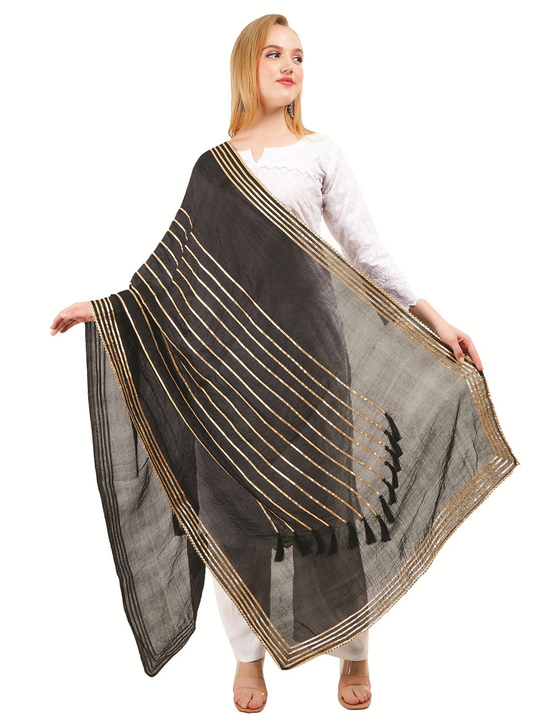 Way2Like Striped Gota Patti Lace Silk Hijab Scarf Wrap Dupatta