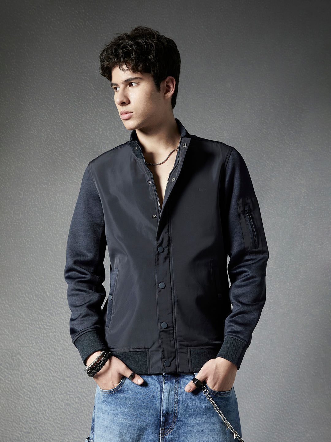 VOLTEDGE Men Mock Collar Solid Cotton Casual Lightweight Bomber Jacket