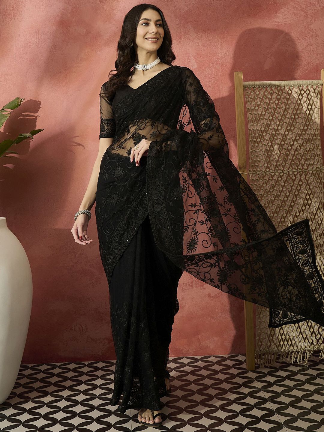 Sangria Embroidered Net Saree With Unstitched Blouse