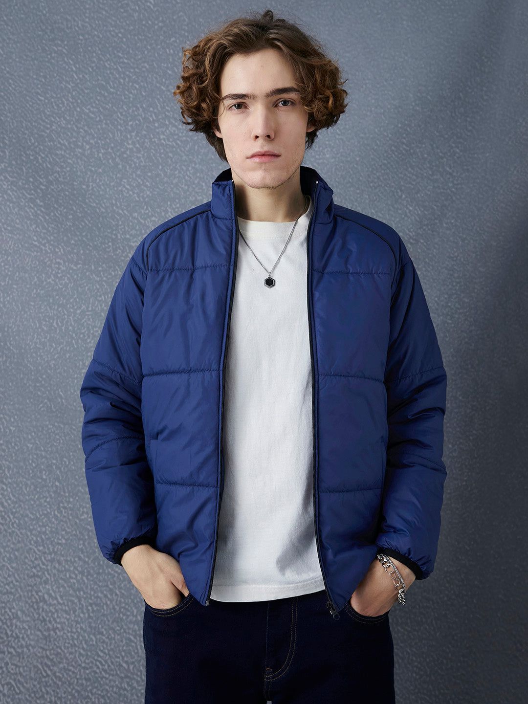 VOLTEDGE Men Mock Collar Solid Cotton Casual Lightweight Padded Jacket