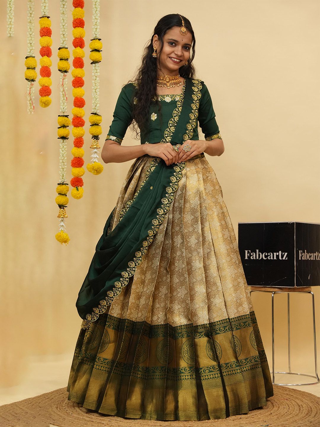 Fabcartz Embroidered Zari Work Semi-Stitched Lehenga With Unstitched Blouse & Dupatta