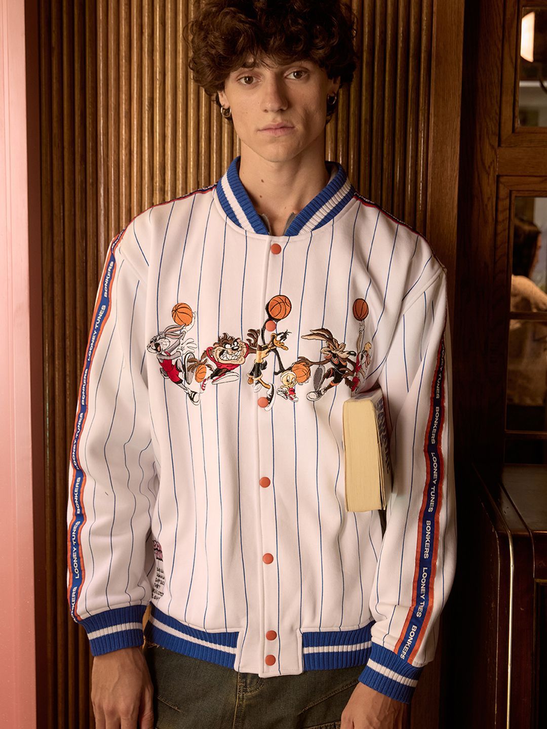 Bonkers Corner Men Stand Collar Graphic Printed Cotton Casual Varsity Jacket