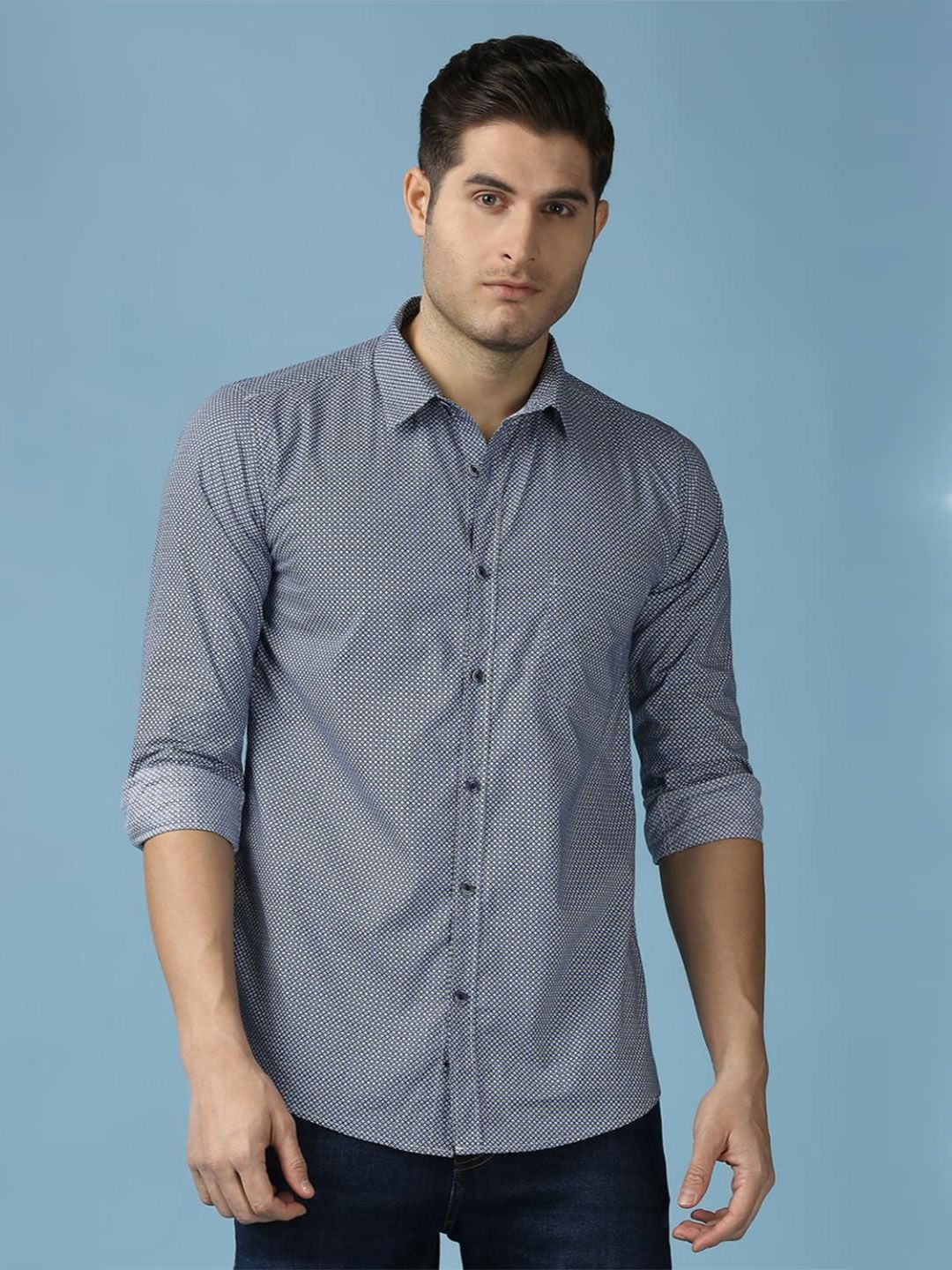 SNX Men Spread Collar Geometric Printed Cotton Casual Shirt