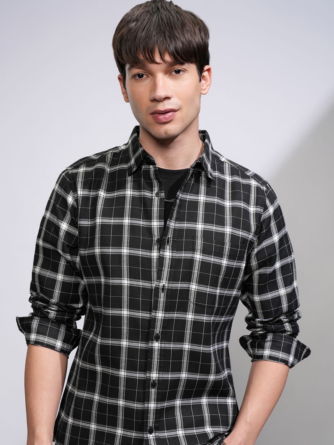 HIGHLANDER Men Slim Fit Spread Collar Tartan Checked Cotton Casual Shirt