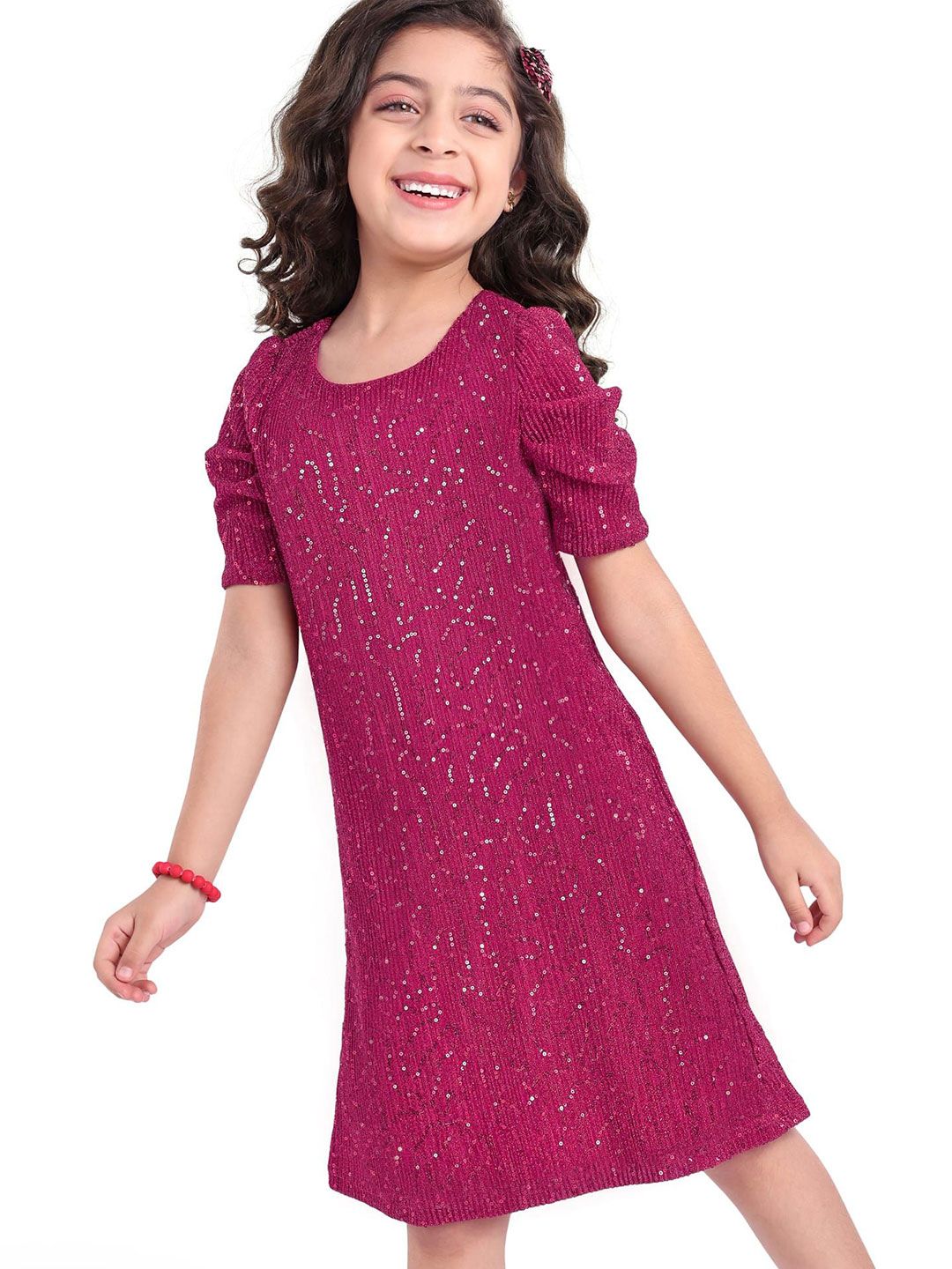 Hola Bonita Girls Embellished Puff Sleeve Net A-Line Dress