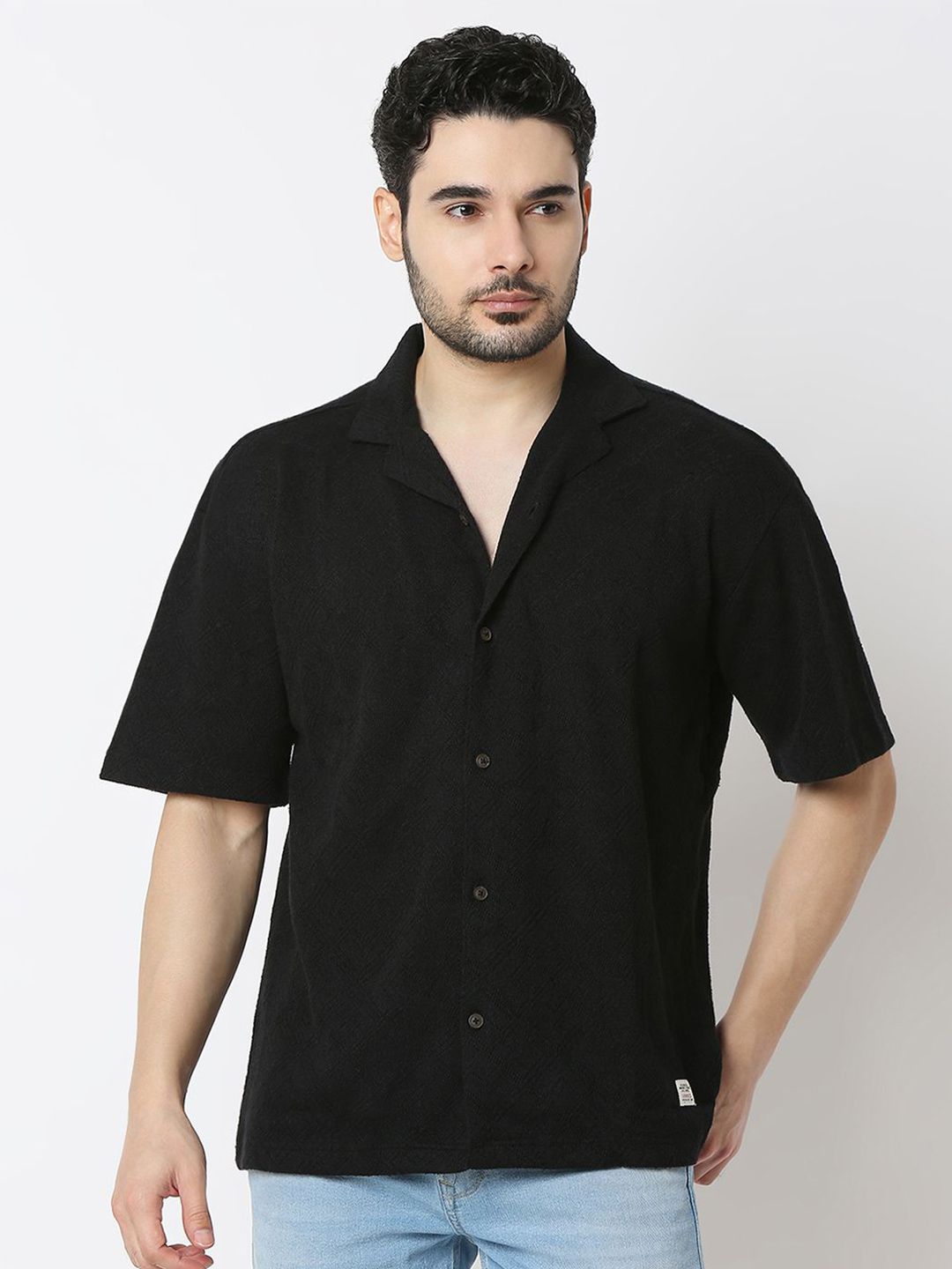 SPYKAR Men Relaxed Fit Cuban Collar Textured Cotton Casual Shirt