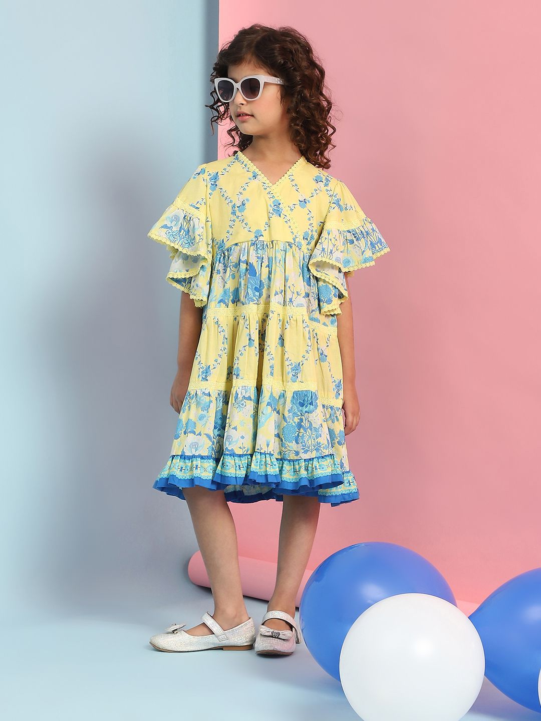 Biba Girls Floral Printed Flared Sleeve A-Line Dress