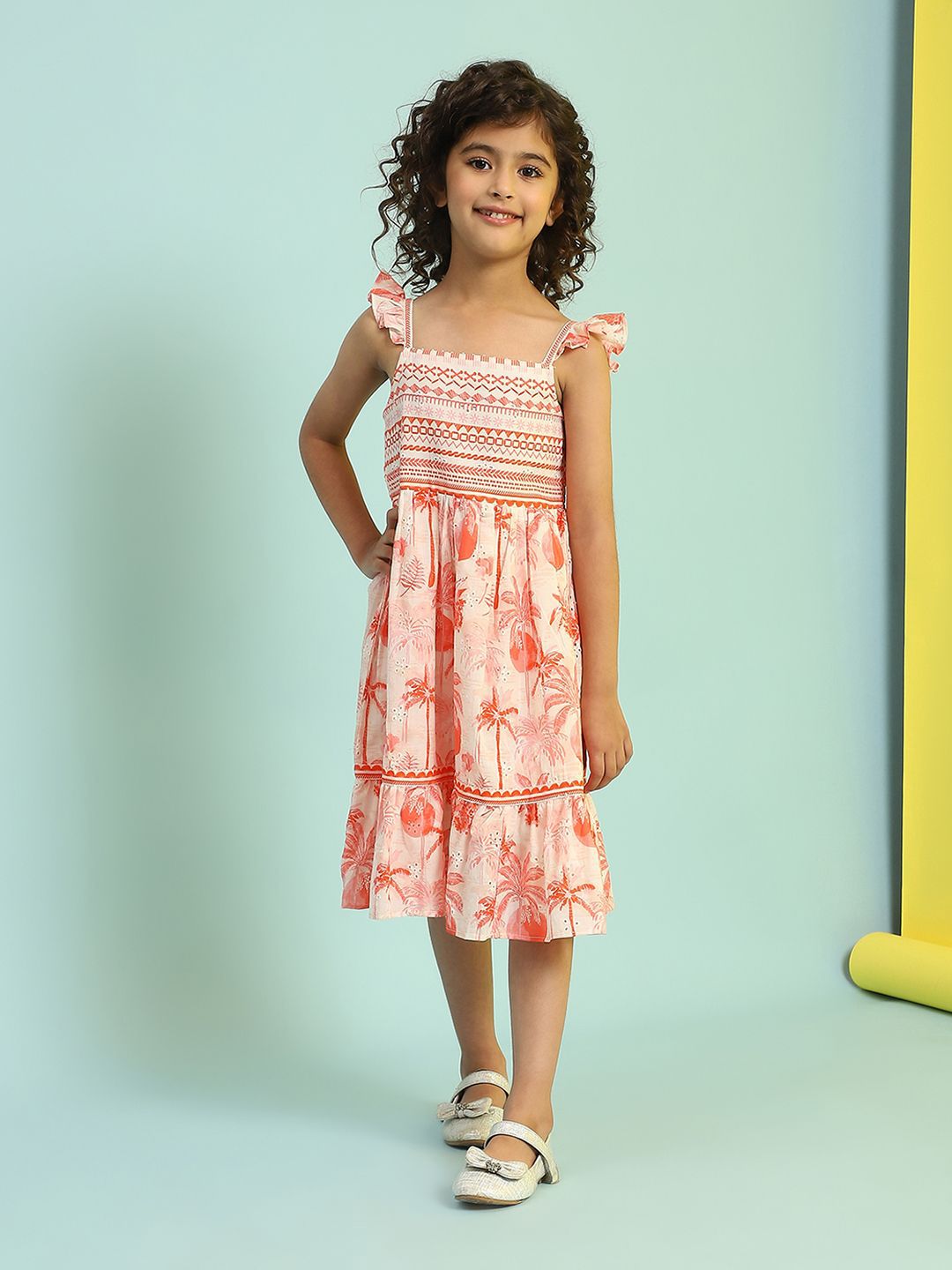 Biba Girls Tropical Printed Smocked Fit & Flare  Dress