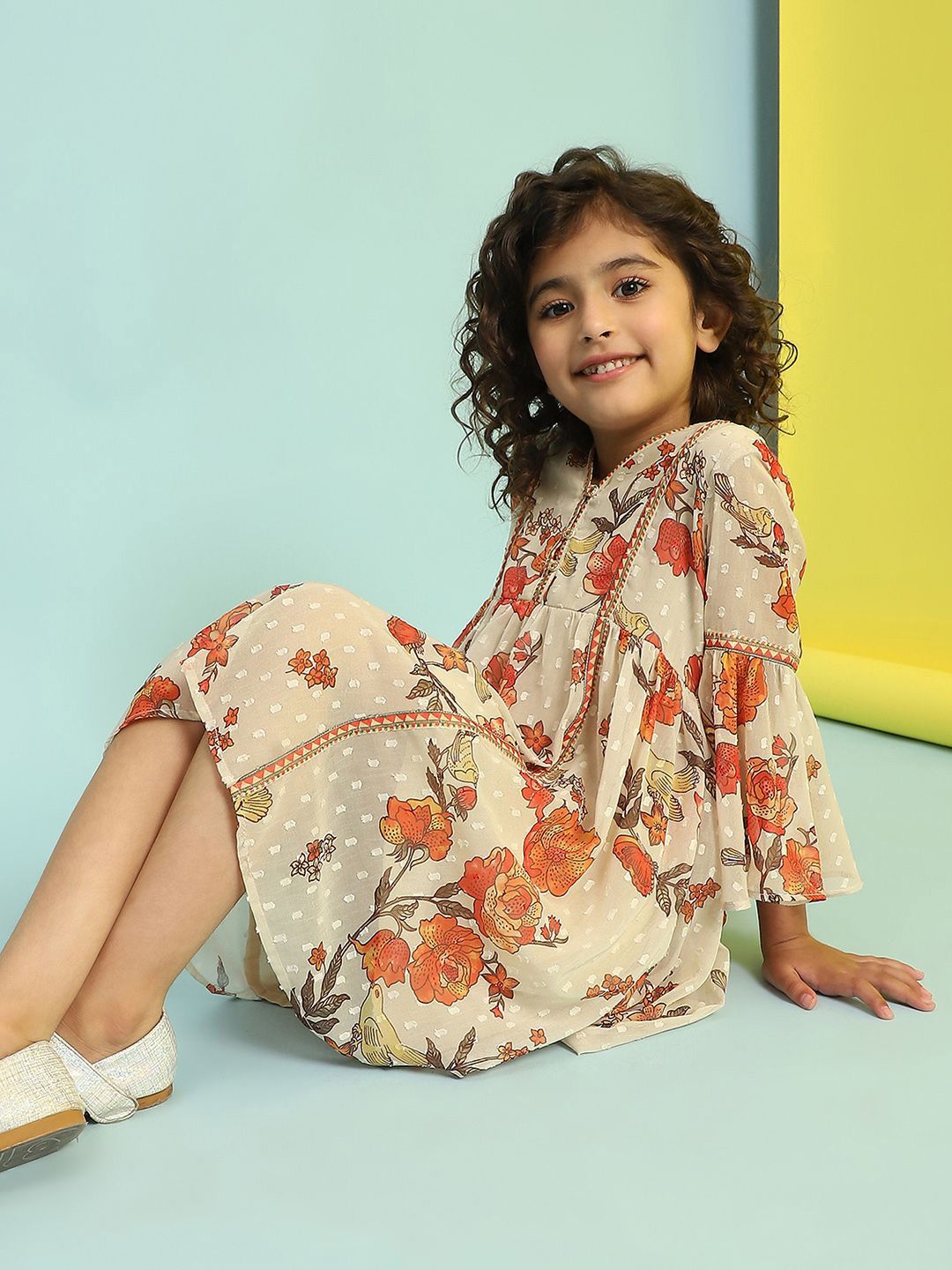 Biba Floral Print Tie-Up Neck Puff Sleeve A-Line Dress