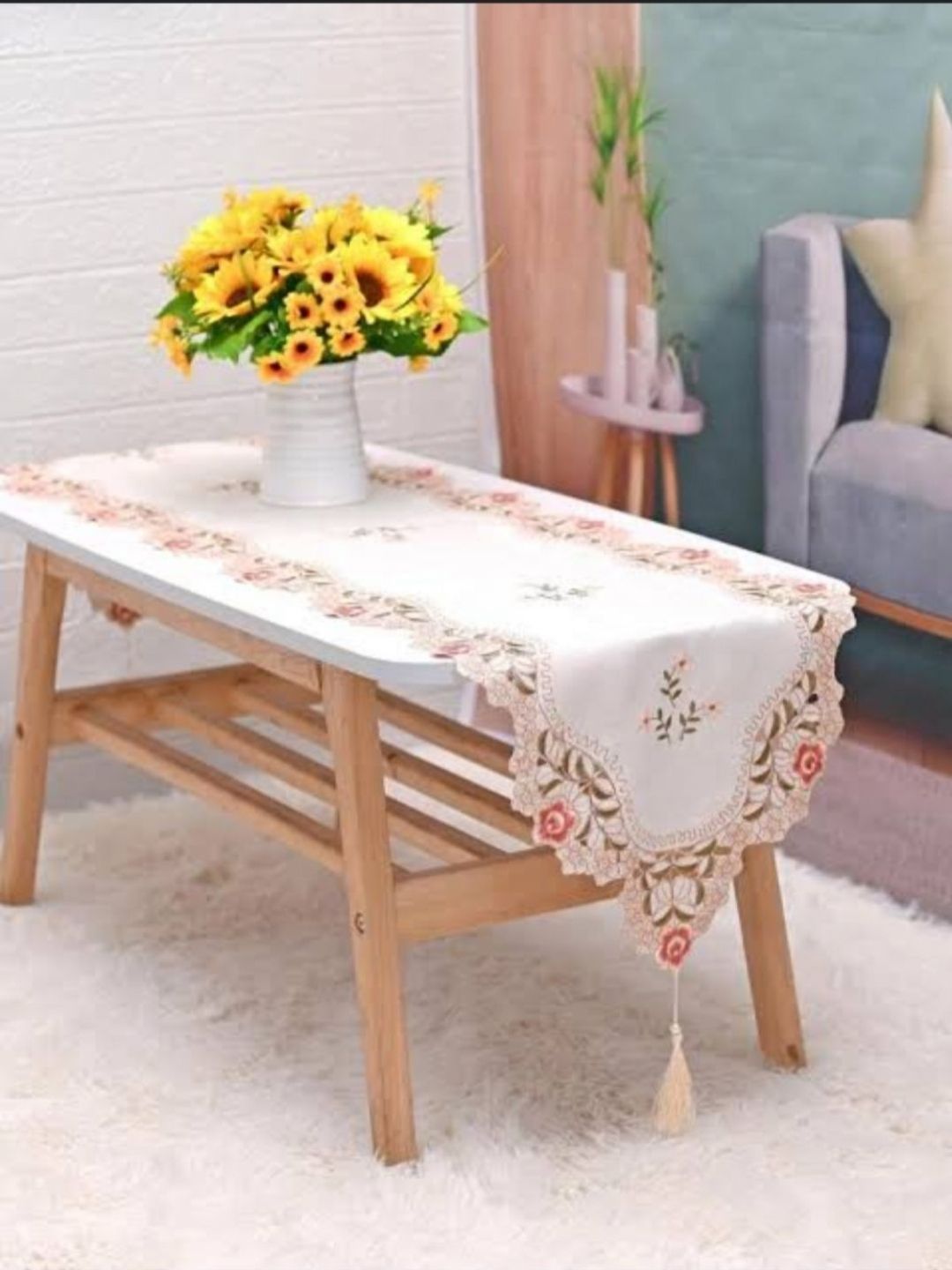 TANLOOMS Beige & Pink Laser Cut Embroidered Long Dining Table Runner